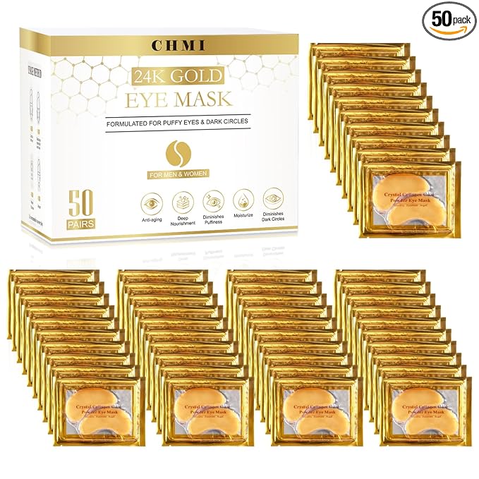 CHMI Under Eye Patches (50 Pairs) - 24K Gold Eye Patches for Puffy Eyes, Dark Circles, EyeBags and Wrinkles, Collagen Skin Care Products, Beauty & Personal Care