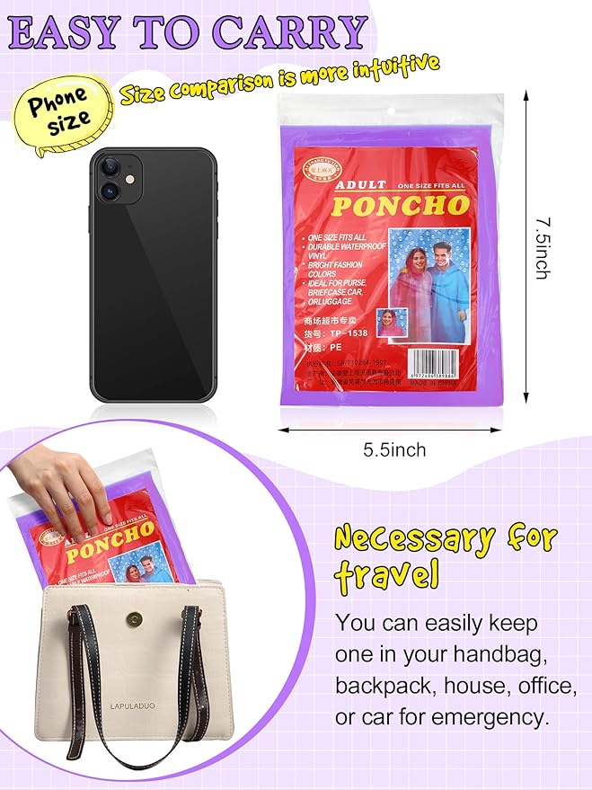 40 Pack Disposable Rain Ponchos for Adults Disposable Ponchos Pack with Drawstring Hood Elastic Sleeves Raincoat for Camping