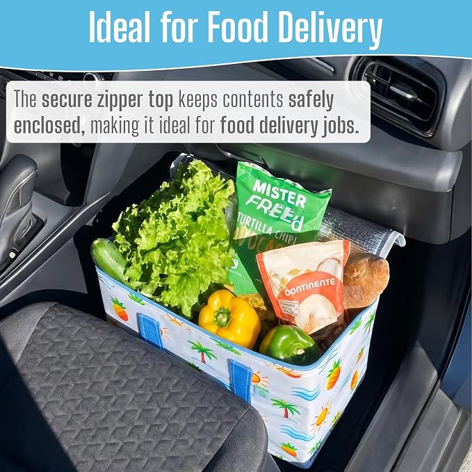 VENO 2 Pack Insulated Cooler Bag, Reusable Grocery Shopping Bag for Food Delivery, Heavy Duty, Large Size, Durable Handles, Double Zippers, Lid, Collapsible (Tropical Island, 2 Pack)