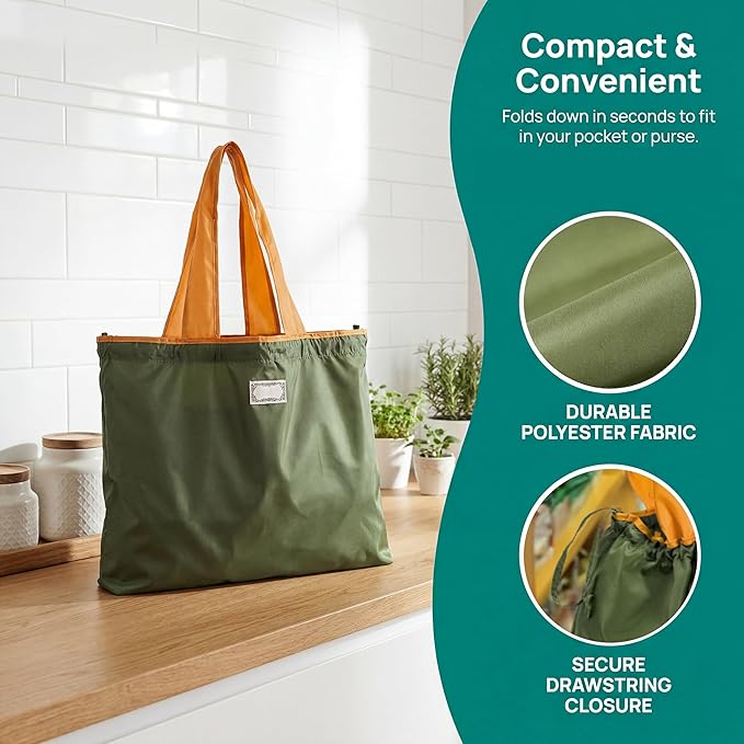 Covzoe 4 Pack Reusable Shopping Bags, Foldable Grocery Bags with Handles, Large Lightweight Tote Bag Fits in Pocket, Washable Beach Bag for Kitchen Travel Shopping, Drawstring Closure