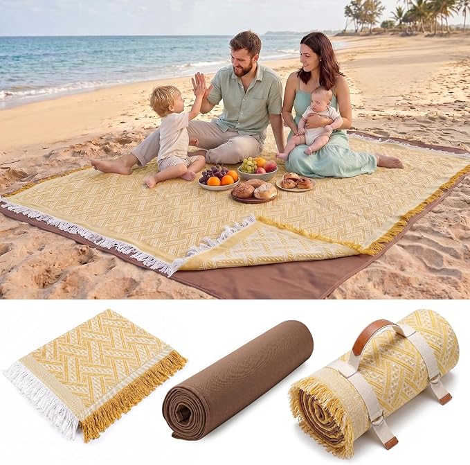Genovega 2 in 1 Extra Large 80"* 80" Rug Picnic Blankets Waterproof Outdoor Beach Blanket Foldable Camping Mat Supplies Europe Travel Accessories Hawaii Necessities Hiking Items Yellow