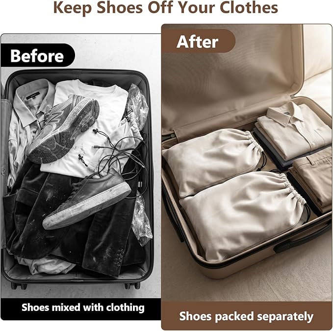 MERKFO Shoe Bags for Travel, 6 Pack Flannel Travel Shoe Bags for Luggage, Large Drawstring Shoe Dust Bags for Packing Shoes, Closet Storage, Fits Up to Men's Size 13, Beige