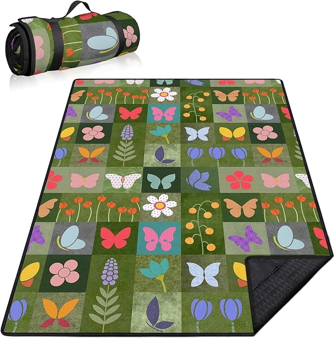 Floral Picnic Blankets Waterproof Foldable, 60″X80″ Packable Picnic Mat Butterfly Outdoor Blanket for Grass, Large Beach Blanket Sandproof Picnic Accessories for Camping Music Festival Park Lawn Party