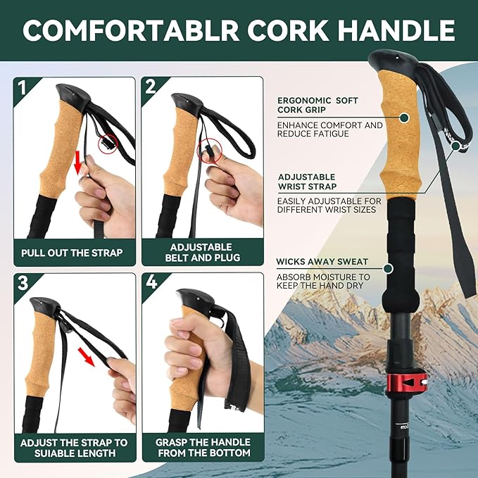 Carbon Fiber Trekking Poles 2-Pack - Lightweight Collapsible Hiking Sticks with Cork Grip & Quick-Lock System, Portable Walking Poles for Travel & Backpacking, Suitable for Men, Women and Seniors