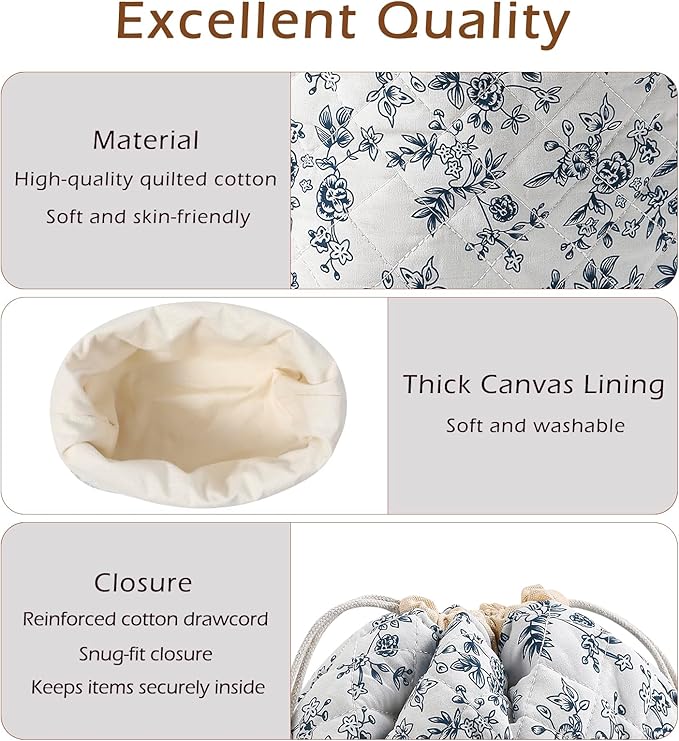 uekeboag Cotton Quilted Drawstring Makeup Bag with Canvas Lining,Coquette Aesthetic Cute Travel Toiletry Bag,Drawstring Gift Bag for Women and Girls（16Dark Blue）