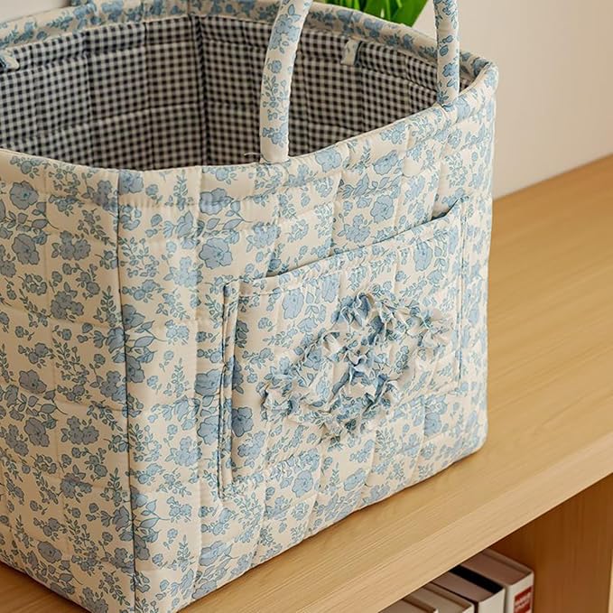 Floral Fabric Storage Basket Car Interior Storage Basket Underwear Sundries Laundry Baskets Supplies Home Organizer Bag (Blue floral A)