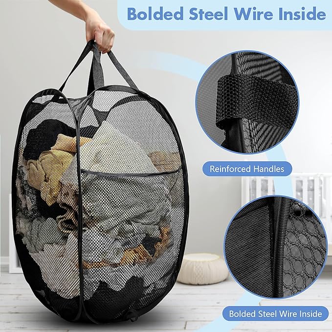 DUCOO Pop Up Laundry Hamper, 70L Collapsible Mesh Laundry Basket with Side Pocket, Foldable Dirty Clothes Hamper with Sturdy Reinforced Handles for Home Dorm Bedroom Travel Storage, Black, 2Pack