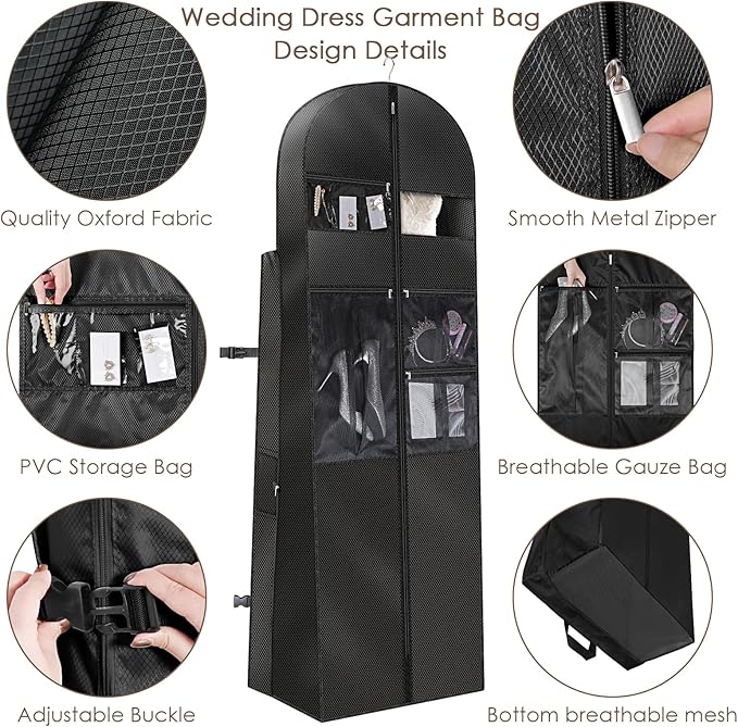 KEEGH 72" Wedding Dress Garment Bag - Tri-Fold Design Bridal Dress Bag with Shoulder Strap & Handle, Heavy-Duty Checkered Oxford Fabric for Long Wedding Gowns & Formal Gown Storage, Black