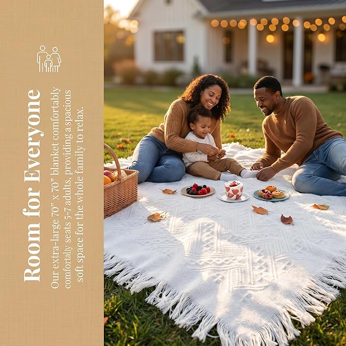 70x70 Bohemian Picnic Mat Extra Large, Sand Proof Outdoor Camping Blanket Machine Washable, Lightweight Portable Travel Tarp for 5-7 Adults Beach Park Grass (White-T-Grid)