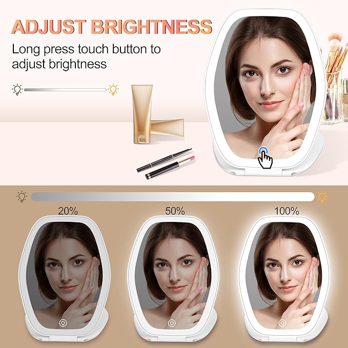 COSYGLOW Travel Makeup Mirror with Light: 3 Color Lighting Portable Mirror with Touch Screen Rechargeable Adjustable LED Lights Hexagon Vanity Mirror for Travel, Desk, Home(White)