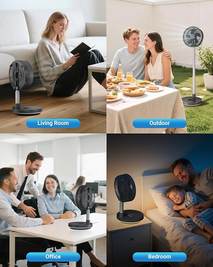 Primevolve 10000mAh Rechargeable Portable Oscillating Fan, 10" Battery Operated Pedestal Fan for Bedroom, Remote, 8 Speeds, Timer & LED Light, Adjustable Height, Outdoor Travel Camping (Dark Gray)