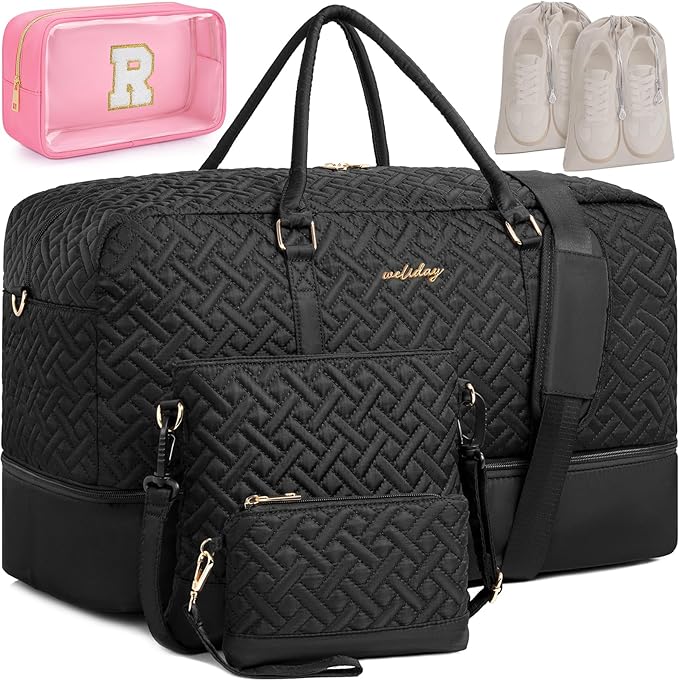 Weekender Bag for Women, 6 Pcs Set Carry on Overnight Bag, 21" Travel Duffel Bag with Initial Clear Makeup Pouch and Waterproof Shoe Compartment