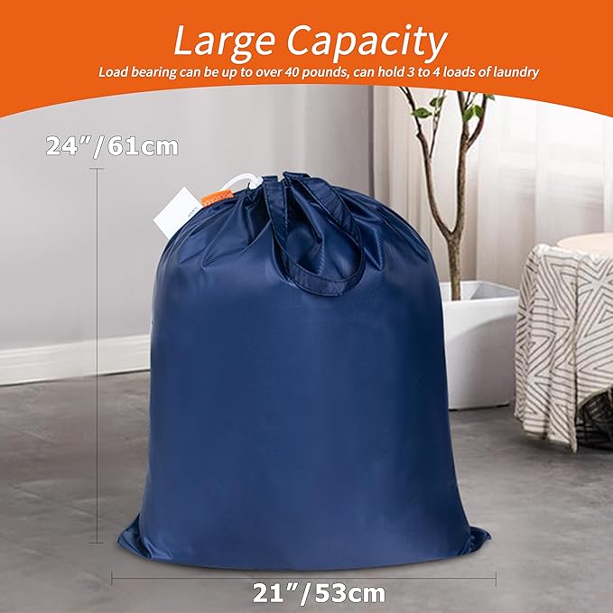 Polecasa Extra Heavy-Duty Laundry Bag 21x24”- Machine Washable Small Storage Bag with Reinforced Handles & Drawstring Closure & ID Tag for College Dorm Travel -Navy