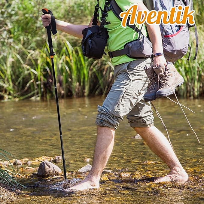 Aventik Fold-able Wading Staff Water Depth Safety Warning Sign Coated Stainless Steel Core T7075 Aluminum Body Corrosion Resistance Neoprene Sheath