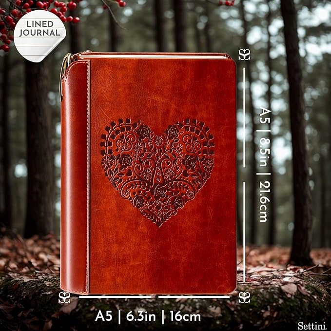SETTINI® Lined Journal - Heart Journal for Writing Gift Set - Hardcover Vegan Leather, Includes Luxury Pen in a Unique Pen Holder, 192 Pages, 6 x 8.5 inches - Father Day Gift