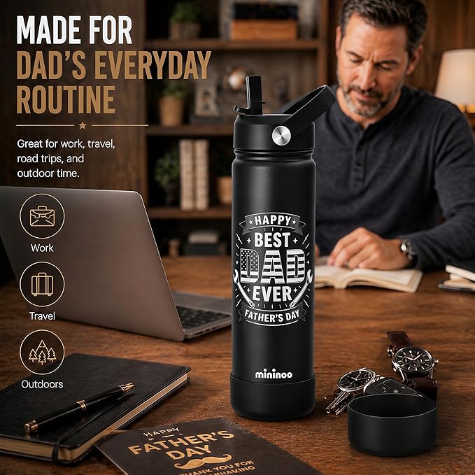 Father’s Day Gift, 24oz Insulated Stainless Steel Water Bottle with Straw Lid, Gifts for Father, Husband, Grandpa from Daughter Son