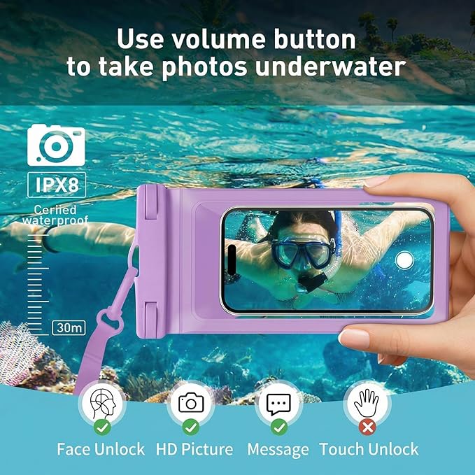 Waterproof Phone Pouch, with Interior Card Pocket, Large Waterproof Phone Case for iPhone 17 16 15 14 Pro Max, IPX8 Lightweight Cellphone Dry Bag, Beach Cruise Ship Essential,2 Pc-Purple-8.3″