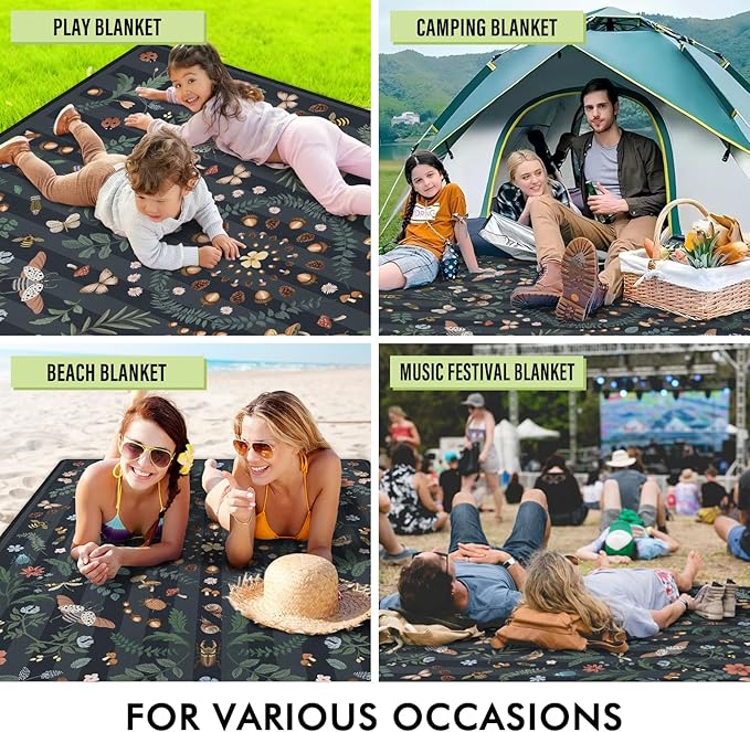 Mushroom Picnic Blankets Waterproof Foldable, 80″X80″ Extra Large Picnic Mat Insect Outdoor Blanket for Grass, Packable Beach Blanket Sandproof Picnic Accessories for Camping Music Festival Park Lawn