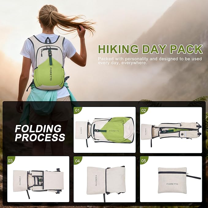 FIORETTO 20L Hiking Backpack for Women Men Mini Packable Backpack Lightweight Small Daypack for Camping Travel Outdoor, Beige and Green