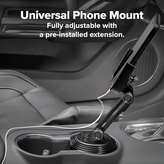 WeatherTech CupFone Two View with Extension – Adjustable, Universal Cup Holder Cell Phone Mount Car & Truck Accessory – Best Design for iPhone & Smartphone Charging – Black Metal Knobs