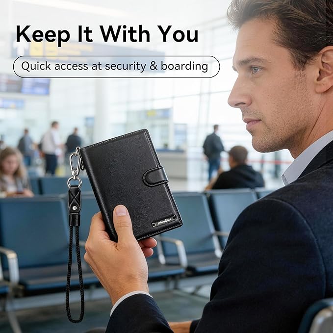 Passport Holder for Travel, RFID Blocking Card Wallet, Apple MFi Certified Smart Passport Cover Works with Find My, Rechargeable Travel Wallet with Lanyard, PU Leather, Black