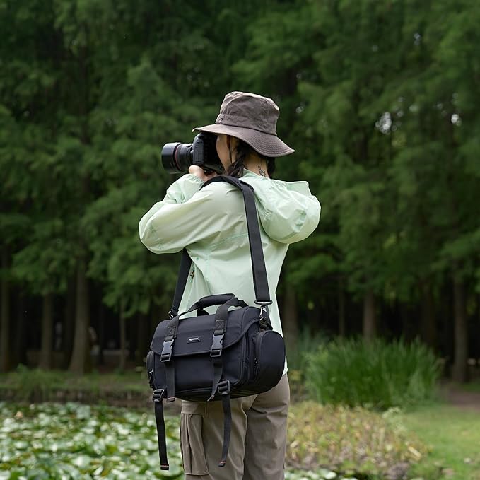 Amazon Basics Large DSLR Gadget Bag with Multiple Compartments, Pockets, Shoulder Strap, Black with Orange Interior