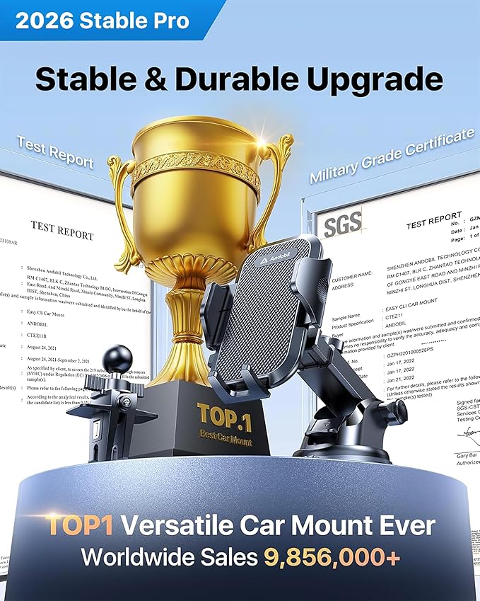 andobil Military-Grade Phone Holders for Your Car 【89+ LBS Strongest Suction & Metal Clip】 2026 Ultimate Car Phone Holder, Dashboard Windshield Vent Cell Phone Car Mount for iPhone Sumsung Android
