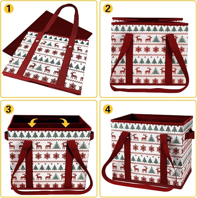 Reusable Grocery Bags 3 Pack - Heavy Duty Reusable Shopping Bags with Hard Bottom & Long Handles, Stand Up Grocery Boxes Reusable Foldable, 13x10.23x11in, Reindeers