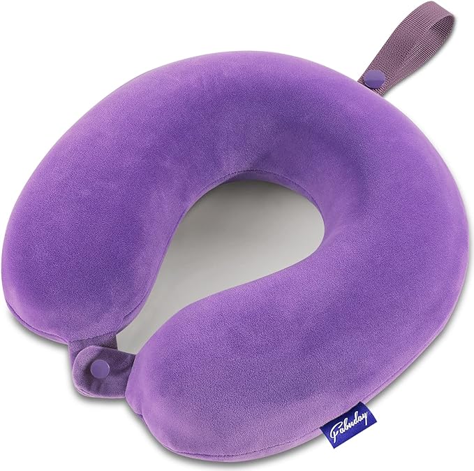 Neck Pillow for Travel Memory Foam - Airplane Pillows for Sleeping with Attachable Snap Strap Soft Washable Cover, Flight Pillow for Traveling, Car, Home, Provide Head Neck Support Rest Purple