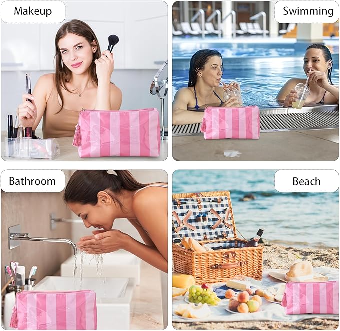 DYSHAYEN Makeup Bags for Purse,Small Clear Coated Cosmetic Bags for Women Girls, Waterproof Travel Organizer Zipper Pouch Beach Vacation Essentials (Pink-Hot Pink)