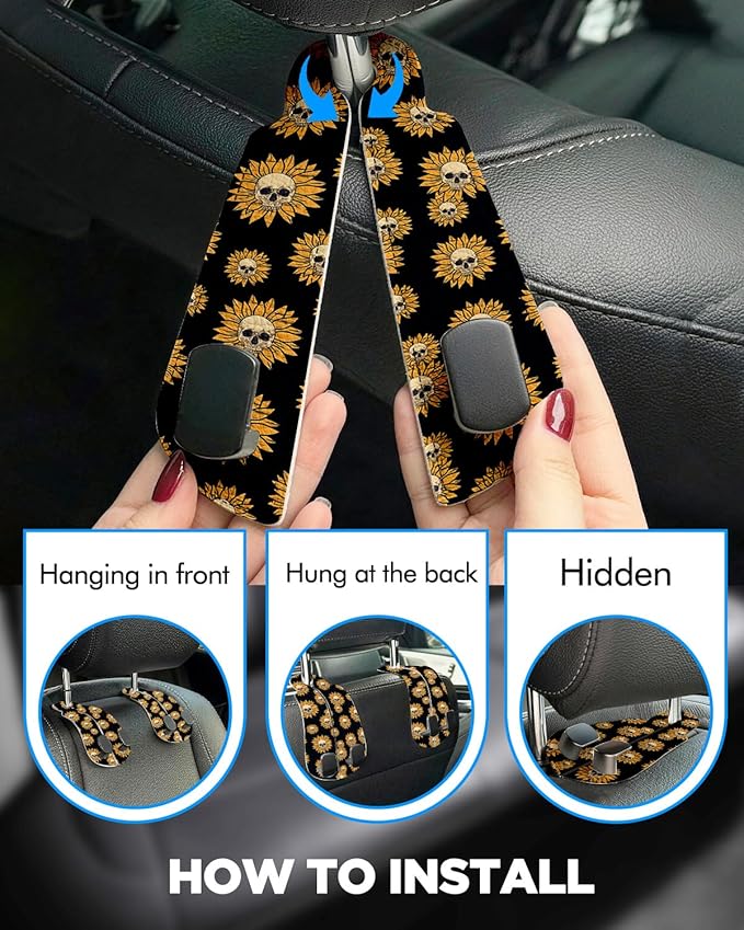 WOCOCN Purse Holder for Car, 2 Pack Heavy Duty Purse Hanger for Car, PU Leather Car Seat Hooks for Purses and Bags, Cute Sunflower Skull Headrest Organizer for Handbags & Backpacks