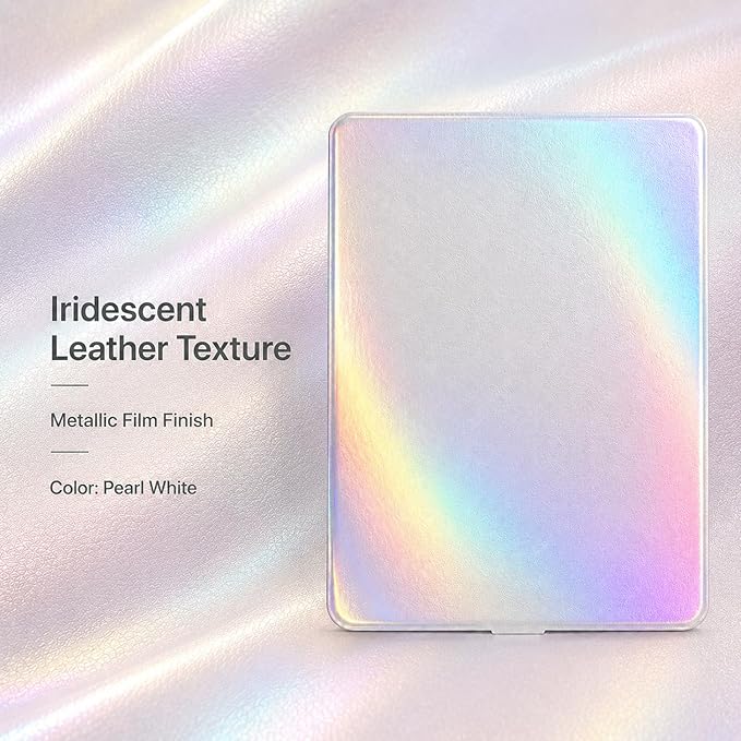 Travel Makeup Mirror with Lights, Lighted Vanity Mirror, 11.9", Iridescent Pearl White Leather