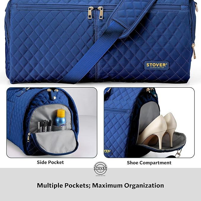 STOVER Women’s Convertible Garment Duffel Bag for Travel – 2-in-1 Carry-On Weekender/Overnight Tote - Wrinkle-Free Dresses, Suits & Clothes + Shoe Compartment & Bonus Toiletry Bag (Sapphire Blue)