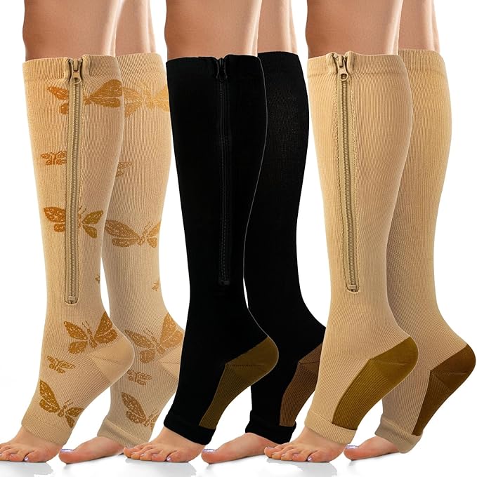 3 Pairs 15-19mmHg Zipper Compression Socks for Women and Man,Open Toe Compression Socks with Zipper for Sports, Travel, Pregnant and office Workers