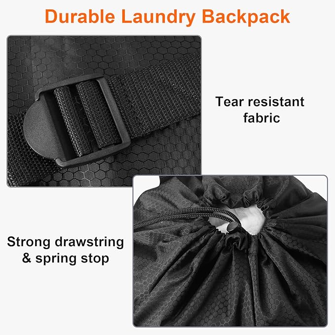 Laundry Bag Backpack Durable Laundry Bag with Shoulder Straps and Mesh Pockets Portable Laundry Hamper Dirty Clothes Bag for College, Travel, Laundromat, Apartment (Black)