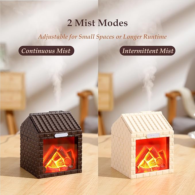 Mini Fireplace Cool Mist Humidifier with Flame Light, USB Powered, Auto Shut-Off, Portable for Bedroom Office Travel, 200ml, Coffee Brown