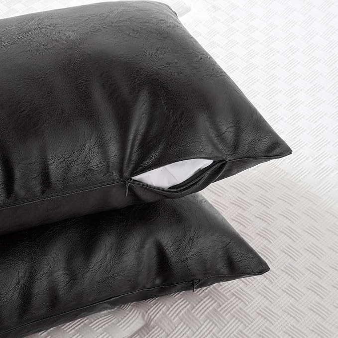 Fancy Homi Black Boho Long Lumbar Faux Leather Body Decorative Throw Pillow Cover 14x36 Inch for Bedroom Couch Bed Sofa Bench, Thick Stylish Solid Square PillowCase, Rustic Modern Farmhouse Room Decor