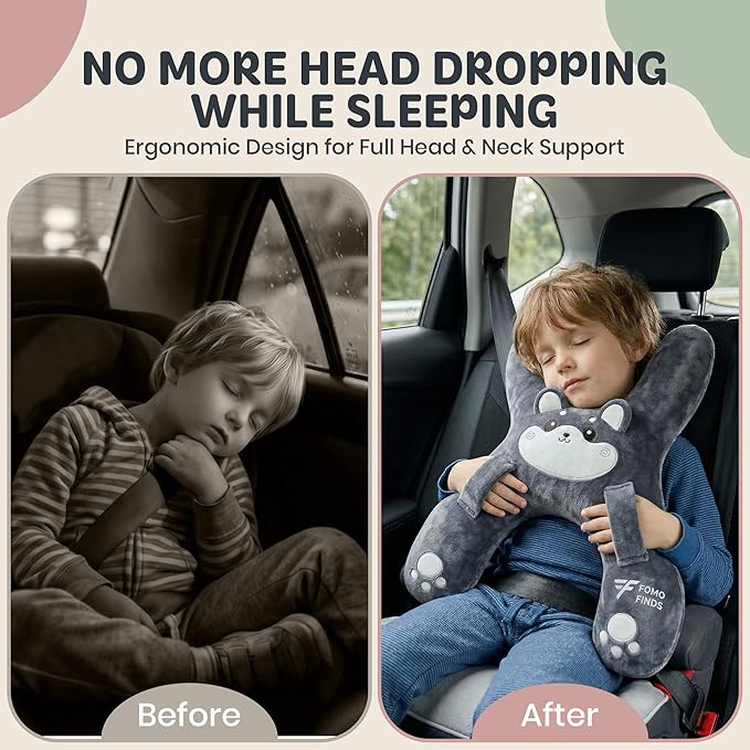Kids Car Sleeping Pillow - H-Shaped for Neck & Back Support - Hands & Seat Belt Slot - Machine Washable & Compressible - Perfect for Car, Plane, Train, Boat & More - Grey