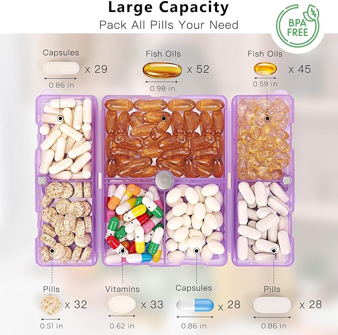 FYY Daily Pill Organizer,7 Compartments Portable Pill Case Travel Pill Organizer,[Folding Design] Large Pill Box for Purse Pocket to Hold Vitamins,Cod Liver Oil,Supplements and Medication-Clear Purple