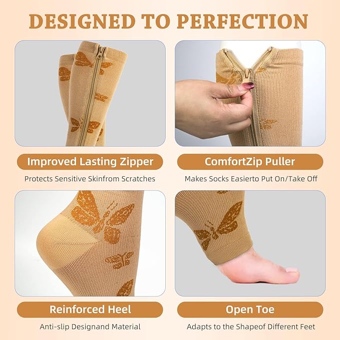 3 Pairs 15-19mmHg Zipper Compression Socks for Women and Man,Open Toe Compression Socks with Zipper for Sports, Travel, Pregnant and office Workers