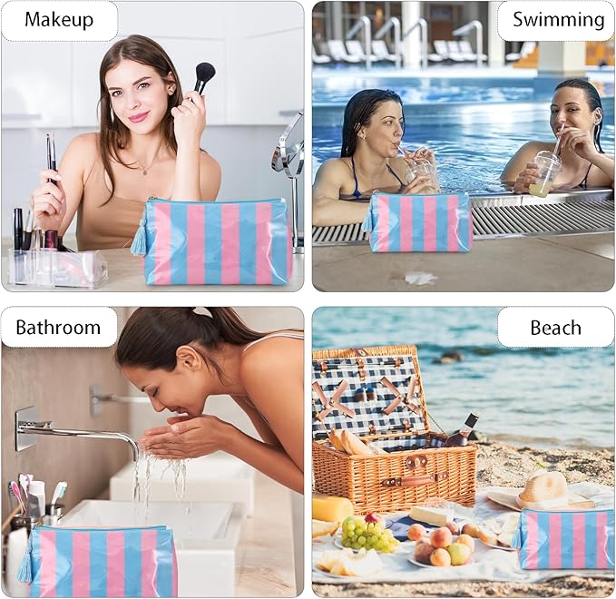 DYSHAYEN Makeup Bags for Purse,Small Clear Coated Cosmetic Bags for Women Girls, Waterproof Travel Organizer Zipper Pouch Beach Vacation Essentials (Blue-Pink)