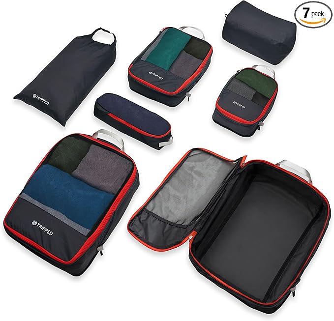 Large Compression Packing Cubes for Travel-Packing Cube Luggage Organizers 7 Piece Set for Checked Luggage-Ultralight, Expandable/Compression Bags by TRIPPED Travel Gear (Grey and Orange Mesh)