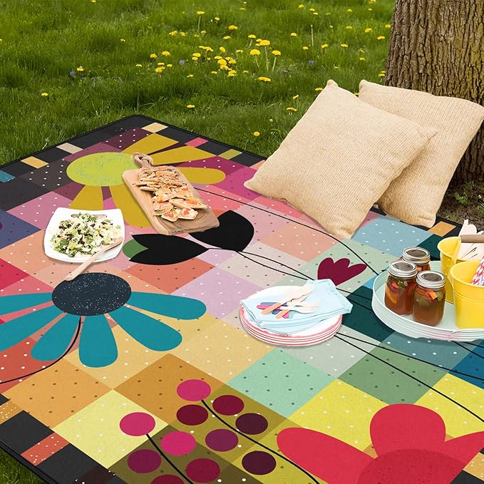 Abstract Floral Picnic Blankets Waterproof Foldable, 60″X80″ Thick Picnic Mat Outdoor Blanket for Grass, Modern Beach Blanket Sandproof Picnic Accessories for Camping Party Park Travel