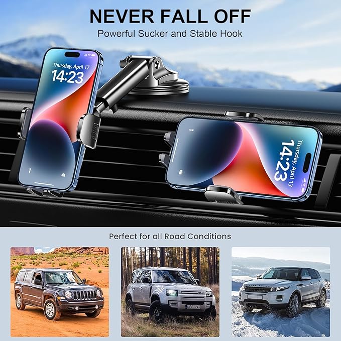 Phone Mount for Car Phone Holder [Military-Grade Suction & Stable Clip] Car Phone Holder Mount Windshield Dashboard Air Vent Universal Automobile Mount Fit for All Dash Mounting Kits iPhone