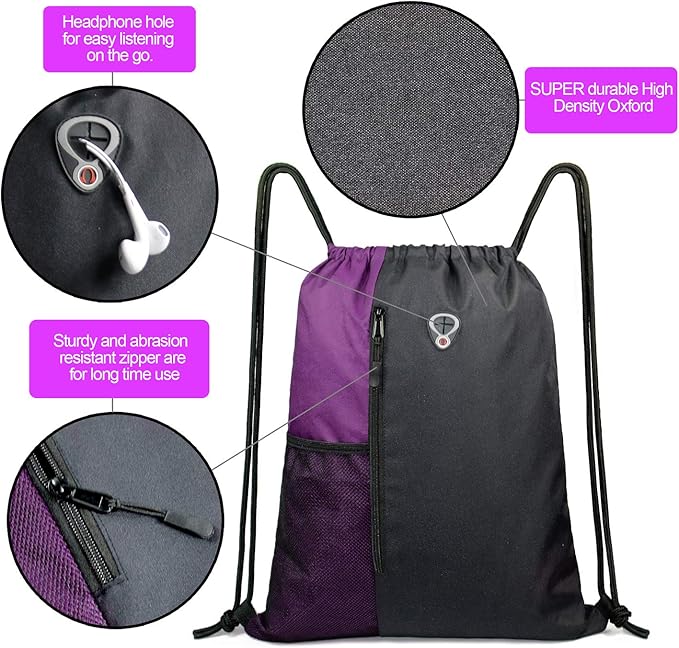 BeeGreen Purple Drawstring Backpack Sports Gym Bag for Women Men Large Cinch Sack workout Bag with Zipper and Water Bottle Mesh Pockets, 16 x 20 inch