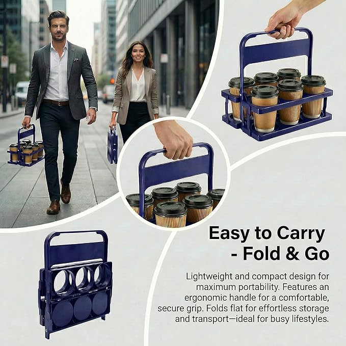 6 Cup Drink Carrier for Delivery - Foldable Drink Holder with Handle, Reusable Cup Carrier for Drinks, Portable Beverage Caddy Accessories for Parties, Camping, Car, Coffee & Bottles (Blue)
