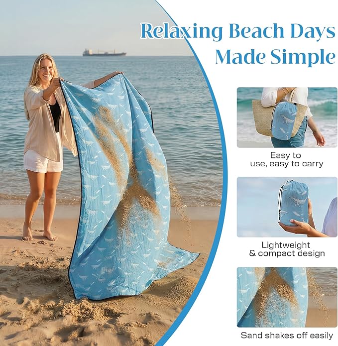 OIGAE Family Beach Blanket, 7×8 ft Sand-Free Picnic Mat for 1–4 People, Quick-Dry Lightweight Outdoor Blanket with Stakes & Corner Pockets, Whale, Light Blue