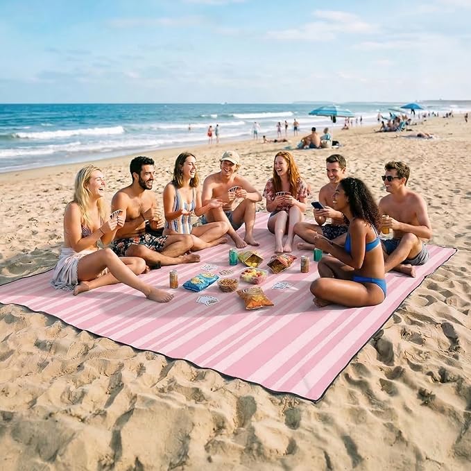 OIGAE Extra Large Beach Blanket, 10×10 ft Sand-Free Outdoor Picnic Mat for Groups, Water-Resistant Windproof Blanket with Stakes, Pink Stripe