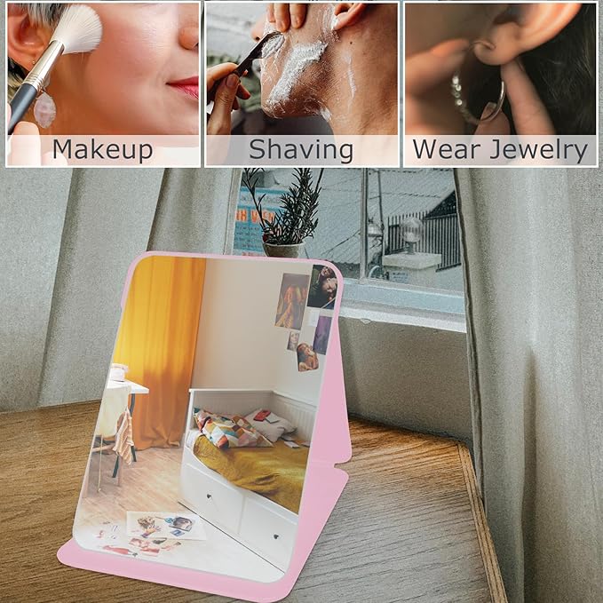Makeup Mirror, 7x10 Inches Portable PU Leather Mirror, Folding Desktop Vanity Mirror with Adjustable Stand for Vanity Table, Office, Travel (L, Pink)