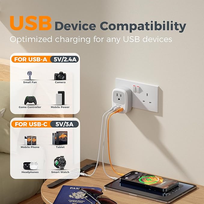 UK Adapters for Travel 3 Pack, TESSAN US to UK Plug Adapter with 3 USB Ports (1 USB C), Type G Power Adaptor for USA to Ireland Scotland Dubai Hong Kong England British Kenya London